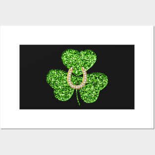 Faux Green Glitter Shamrock With A Horseshoe Posters and Art